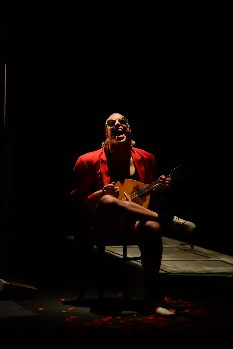 A seated performer in a red jacket plays a small string instrument under a spotlight.
